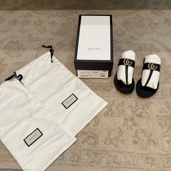 Black Gucci Flat Marmont Leather Thong Sandals Size 37 - Picture 2 of 13